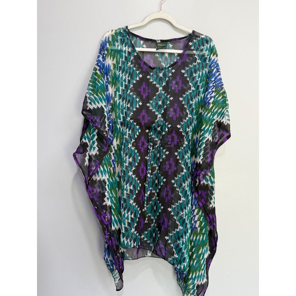 Sunflower Geometric Print Sheer Kaftan Top Teal Purple Black OS YCT-111